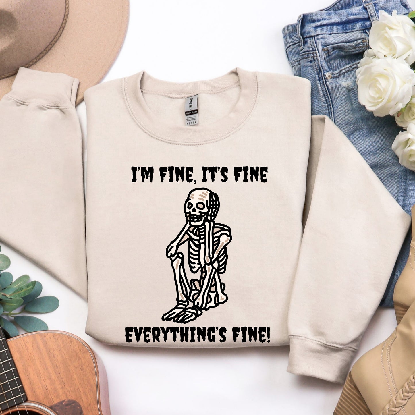 I’m Fine Skeleton Halloween Sweatshirt – Funny Spooky Graphic