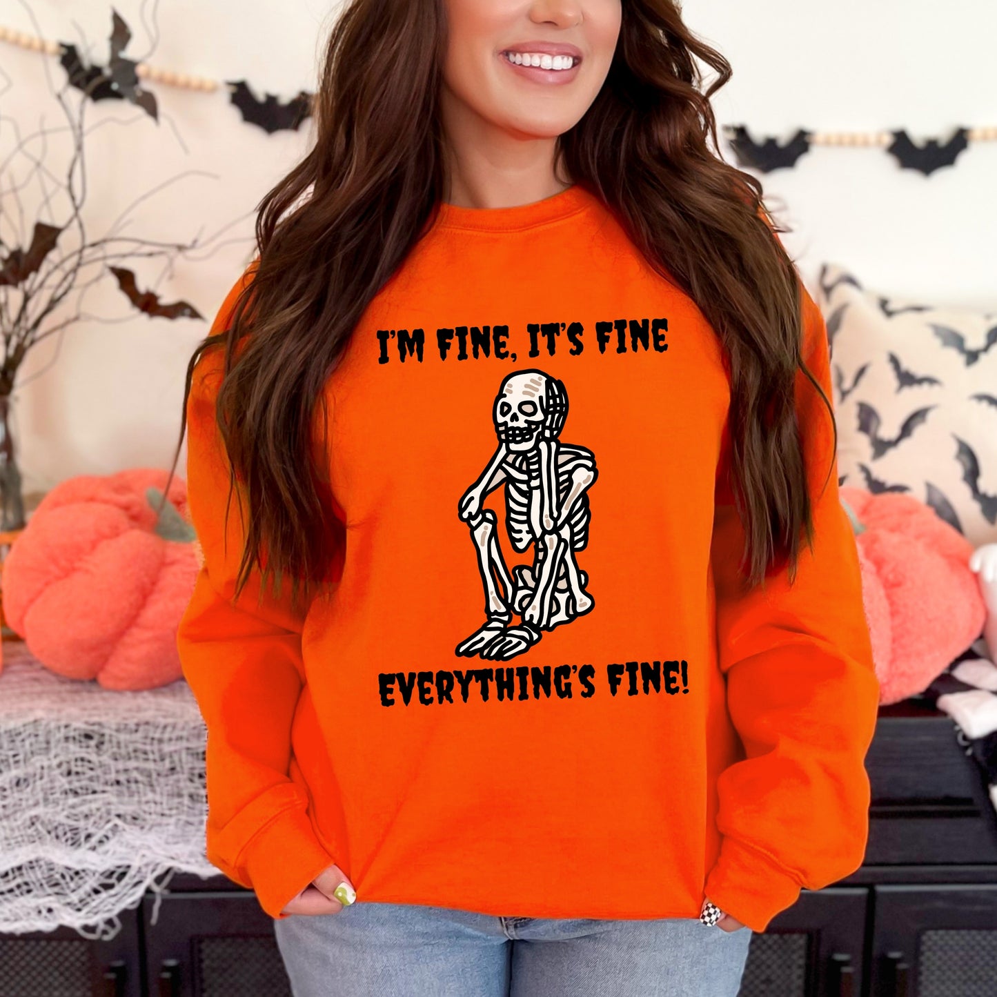 I’m Fine Skeleton Halloween Sweatshirt – Funny Spooky Graphic
