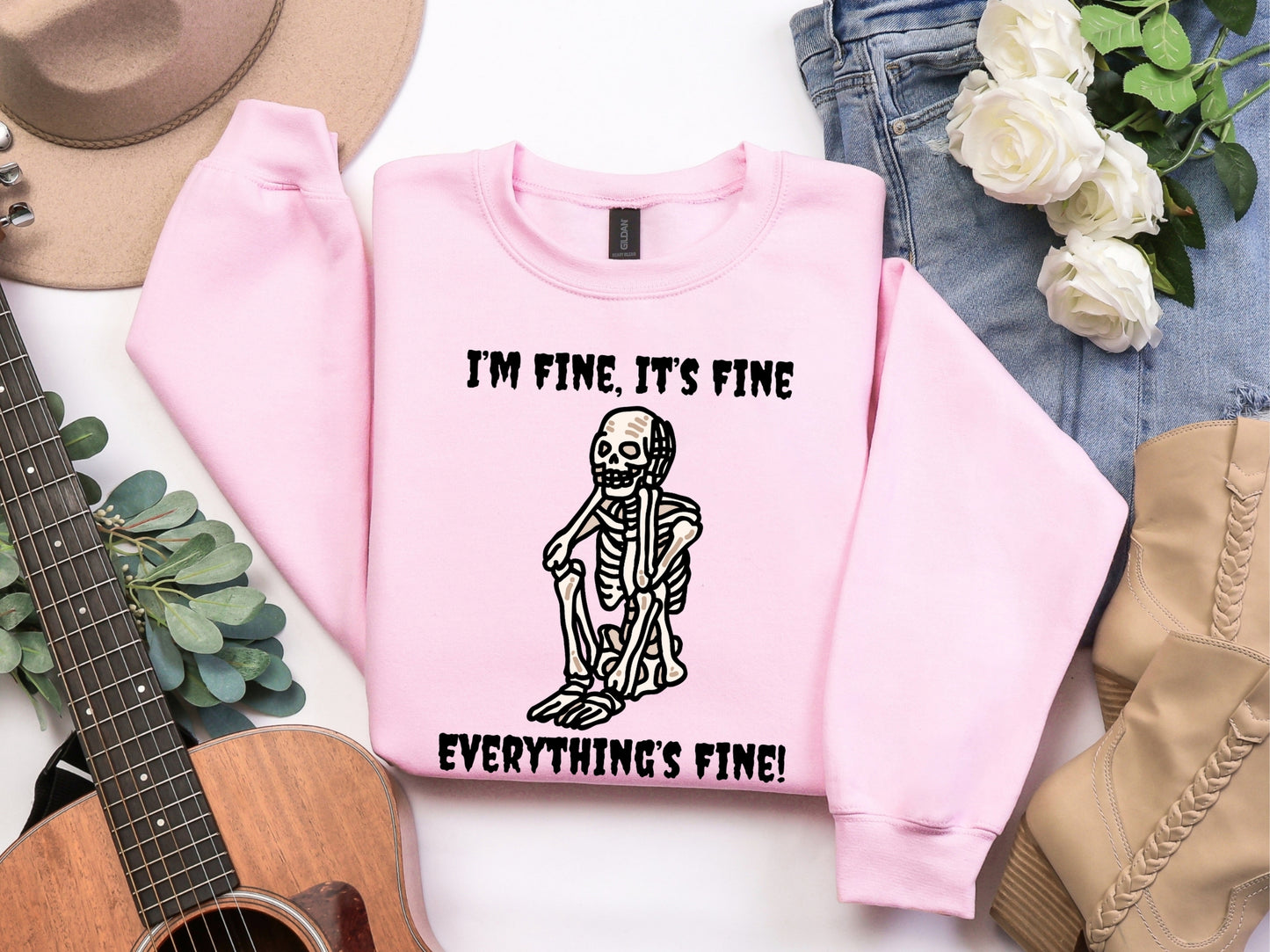 I’m Fine Skeleton Halloween Sweatshirt – Funny Spooky Graphic