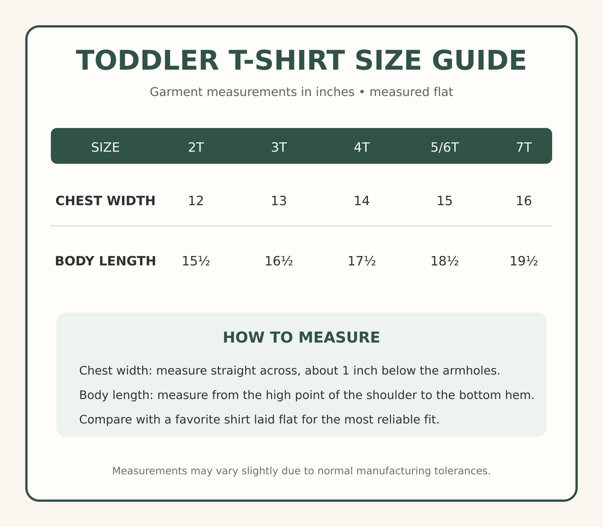 Toddler T-shirt size guide for sizes 2T through 7T