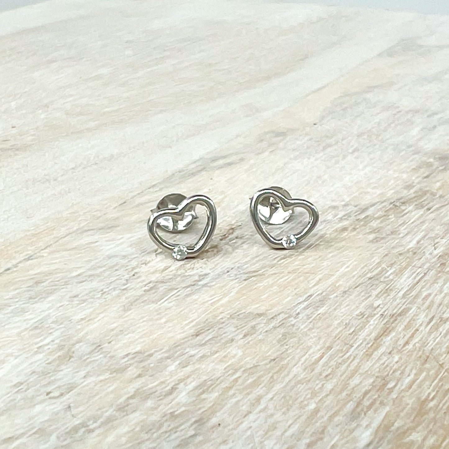 Sterling Silver Heart with one rhinestone Stud Earrings