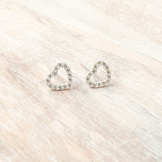 Solid Rhinestone Sterling Silver Hollow Heart Stud Earrings