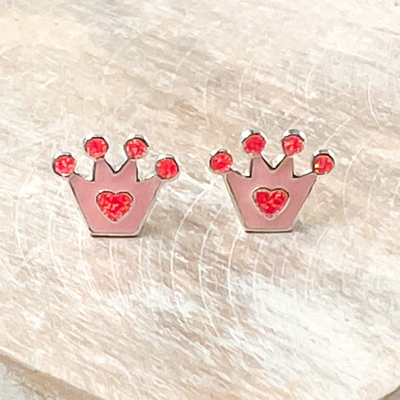 Pink Crown with Heart Sterling Silver Heart Stud Earrings