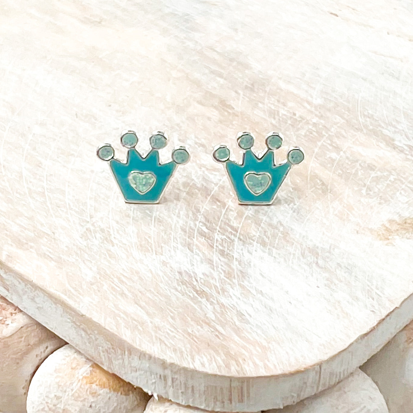 Teal Crown with Heart Sterling Silver Heart Stud Earrings