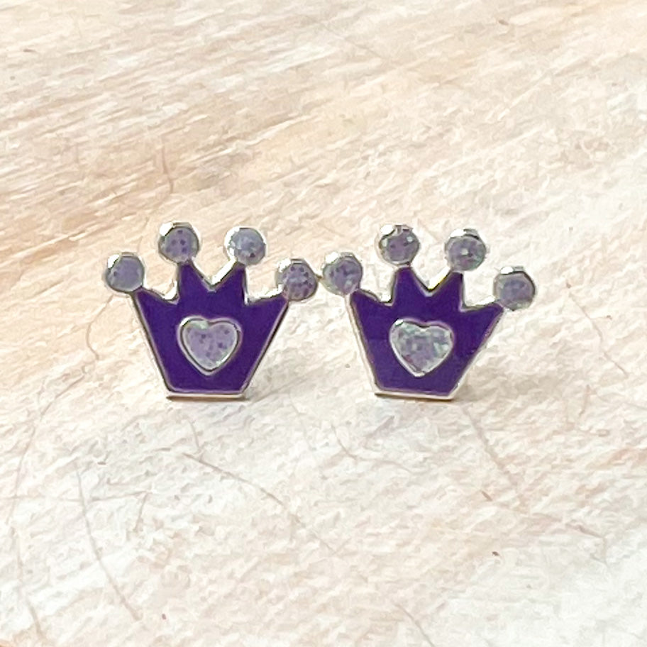 Purple Crown with Heart Sterling Silver Heart Stud Earrings