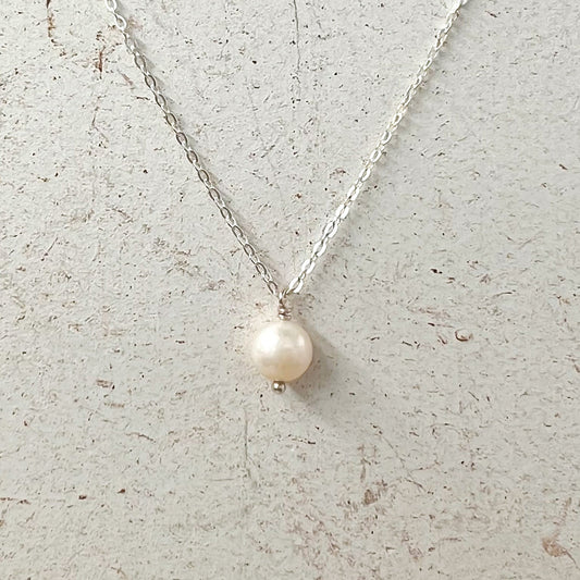 Small Dainty Single drop Pearl Pendant Sterling Silver Necklace Perfect for Layering