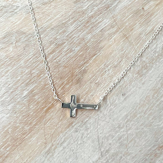 Sideways Sterling Silver 16 inch Cross Necklace