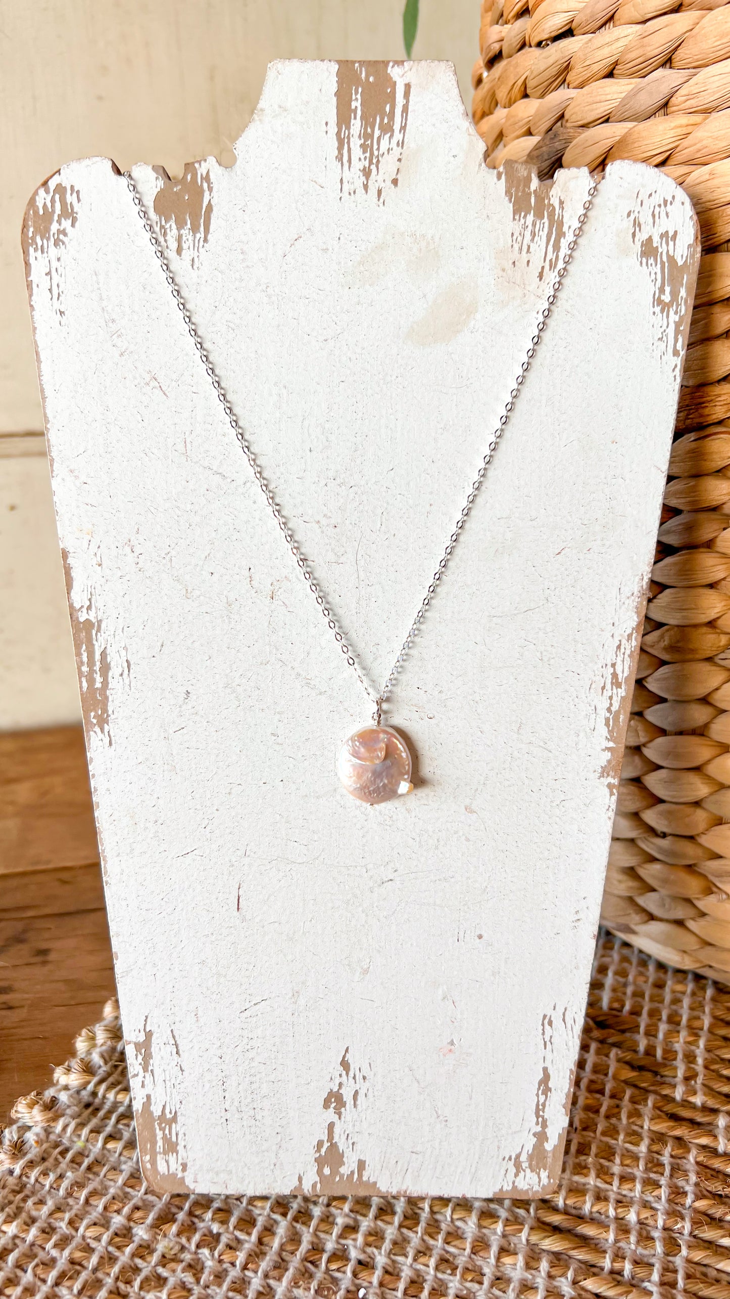 Champaign Coin Pearl Pendant Sterling Silver Necklace Perfect for Layering