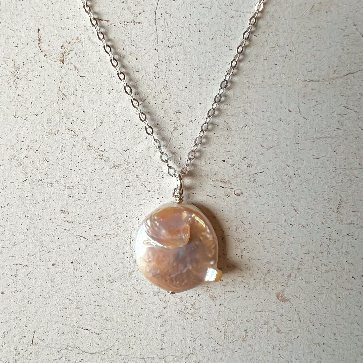 Champaign Coin Pearl Pendant Sterling Silver Necklace Perfect for Layering