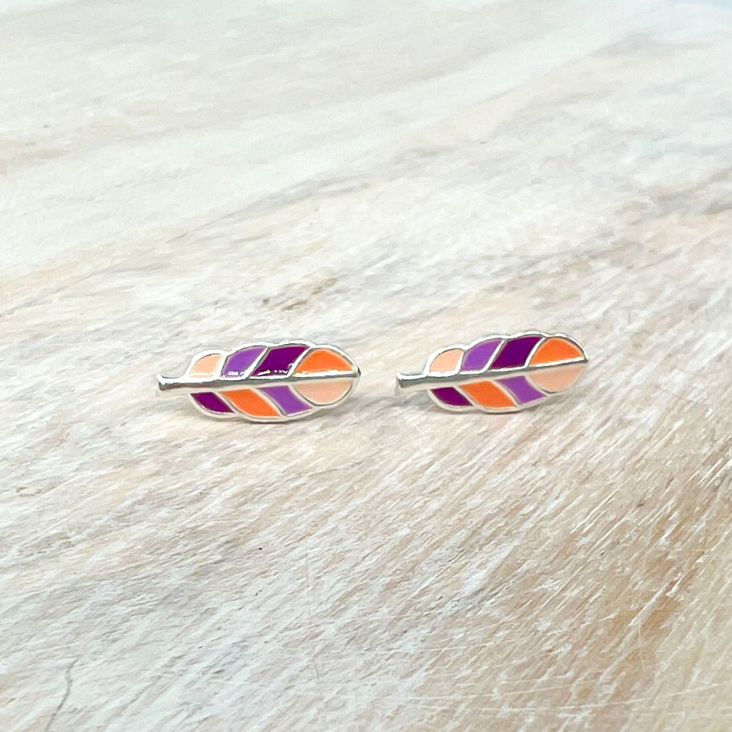 Feather Sterling Silver Earrings purple and orange