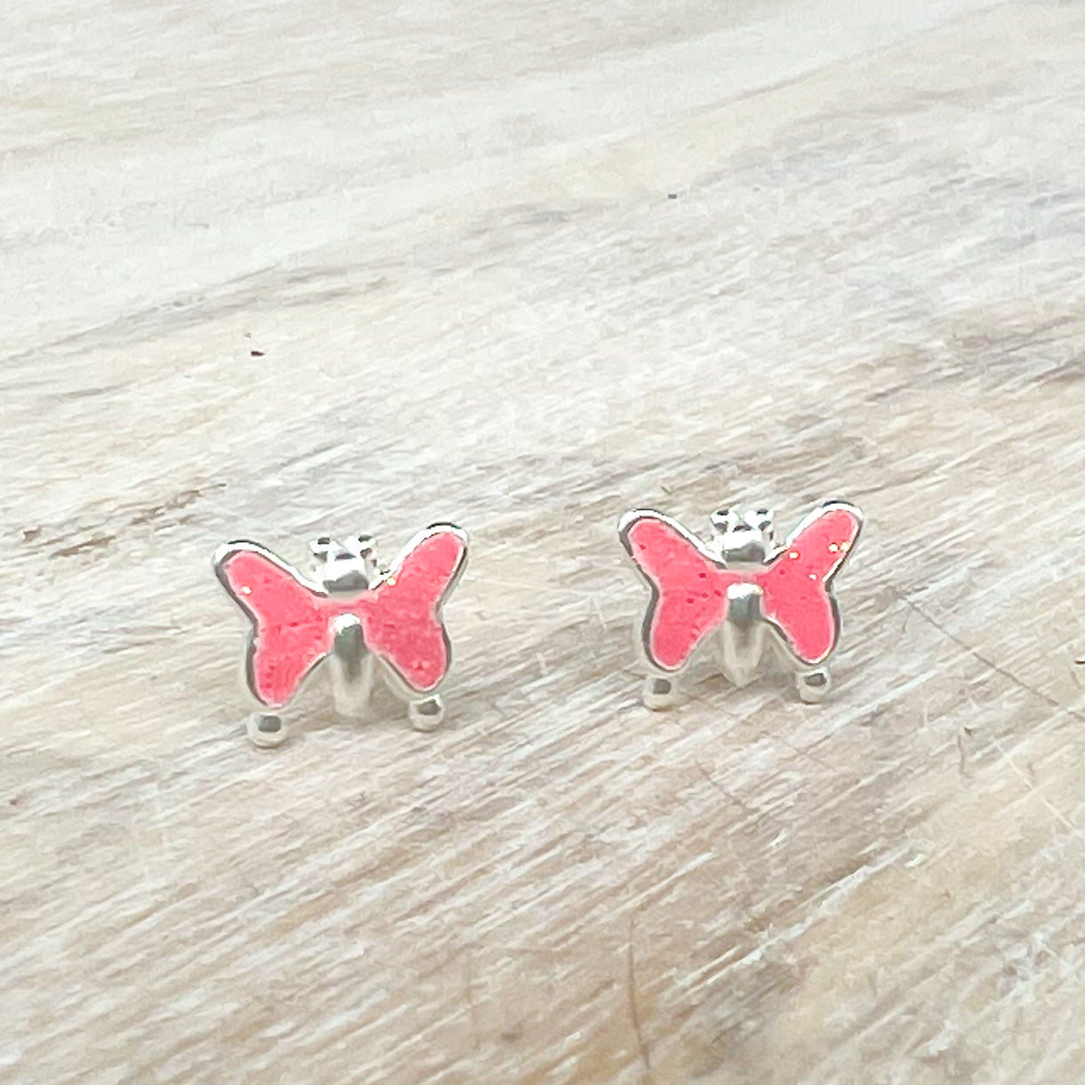 Pink Glitter Butterfly Sterling Silver Earrings