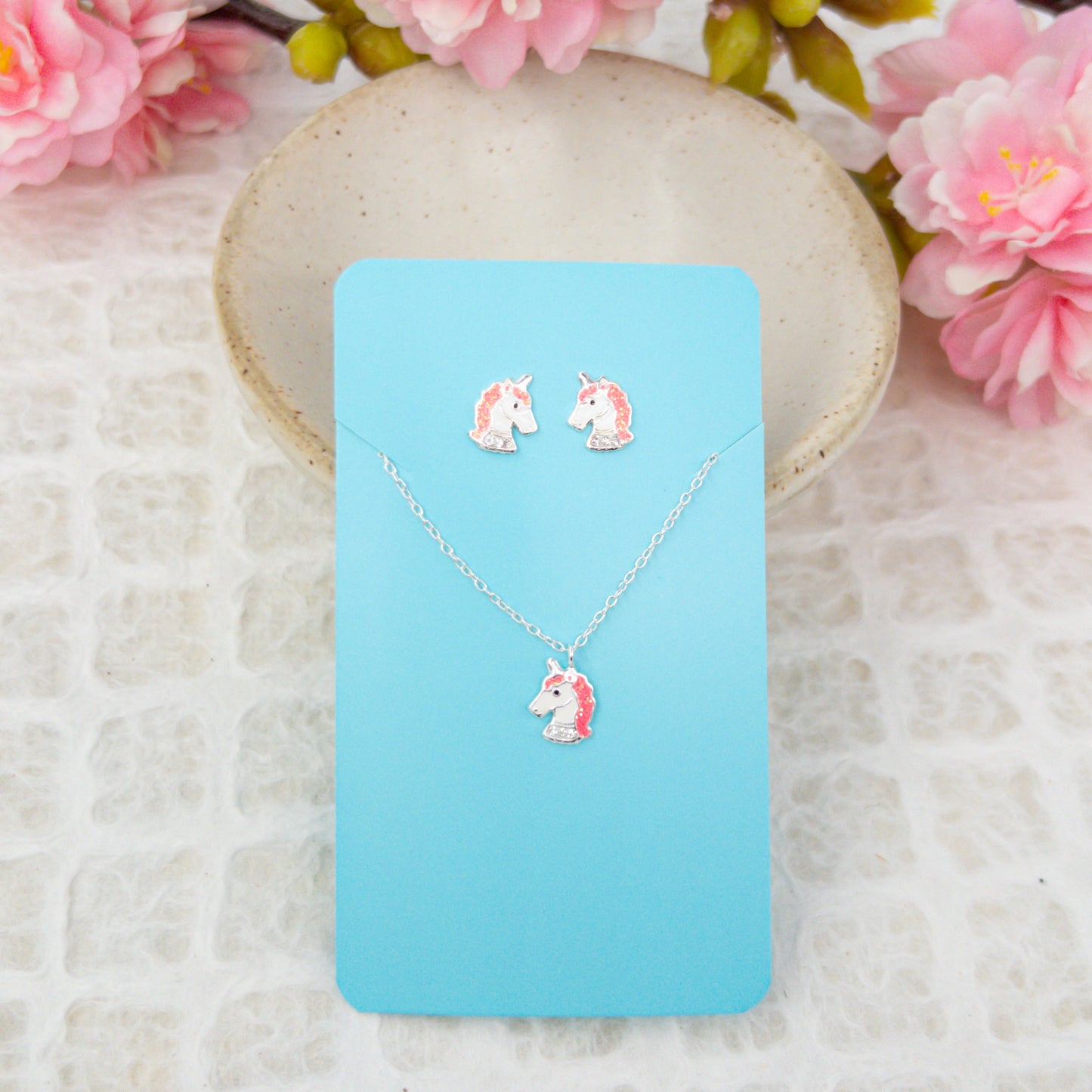 Pink Unicorn Necklace and Earring Set