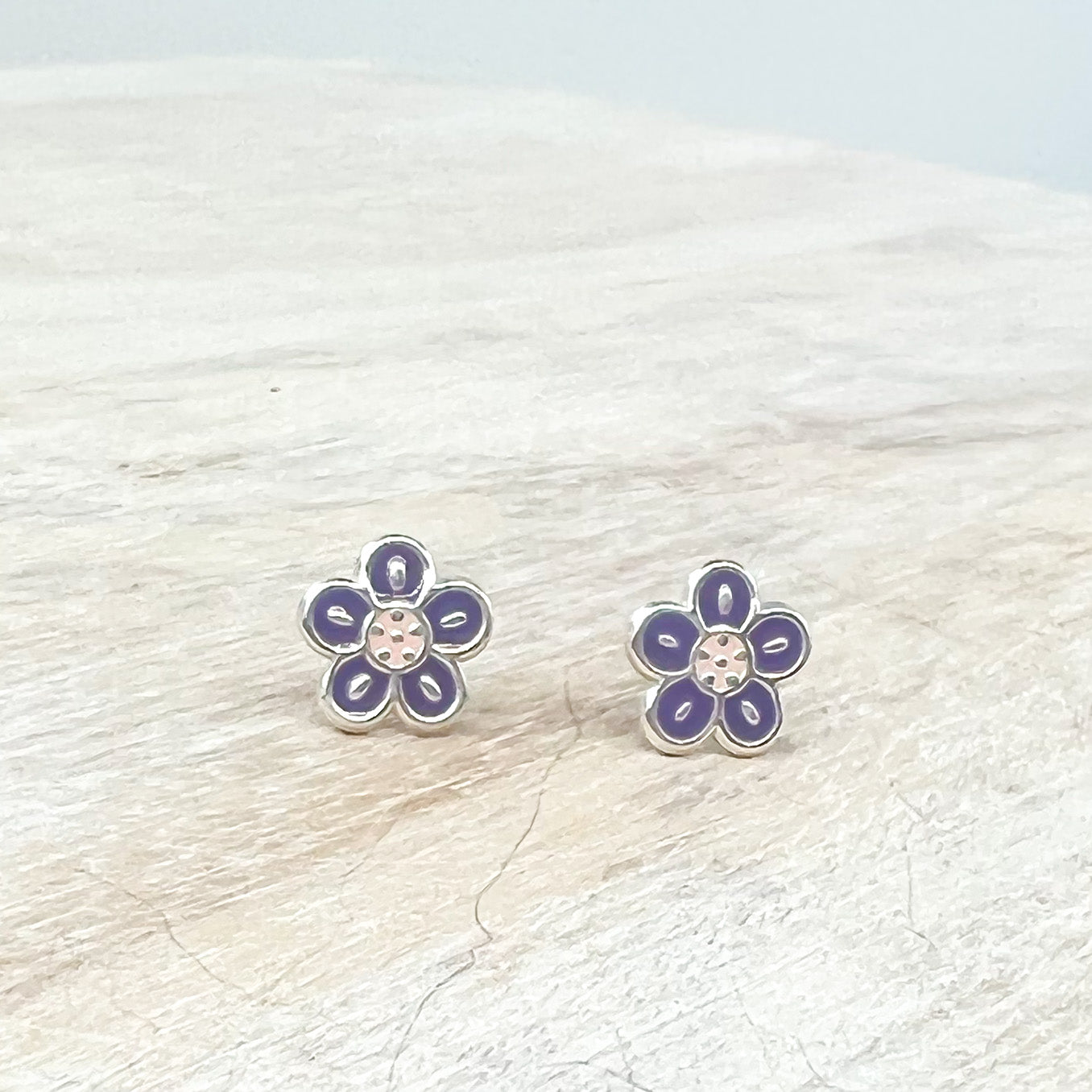 Round Petal Dark Purple Flower Sterling Earrings