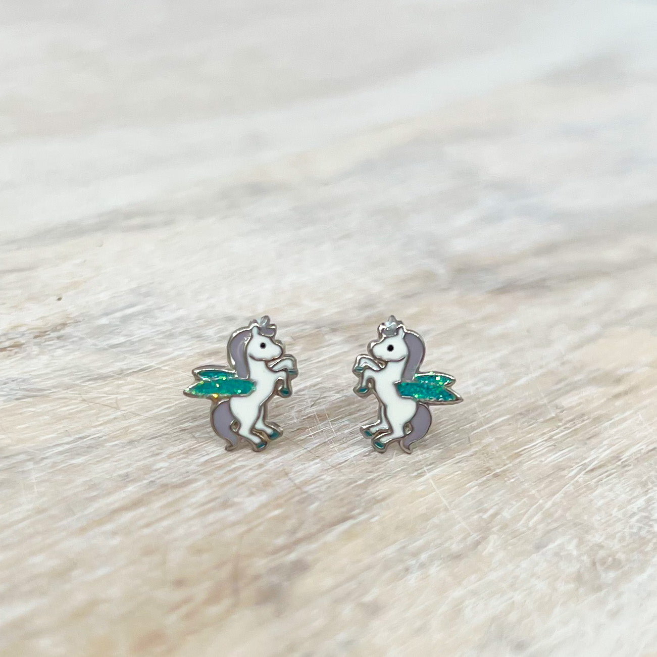 White Unicorn with Teal Wings Sterling Earrings