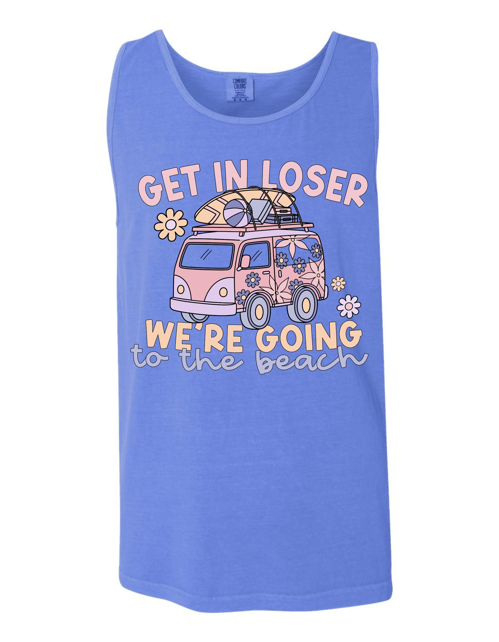 A blue tank top with a graphic design depicting a pink van with a surfboard on top, along with the text "GET IN LOSER WE'RE GOING TO THE BEACH" printed on it.