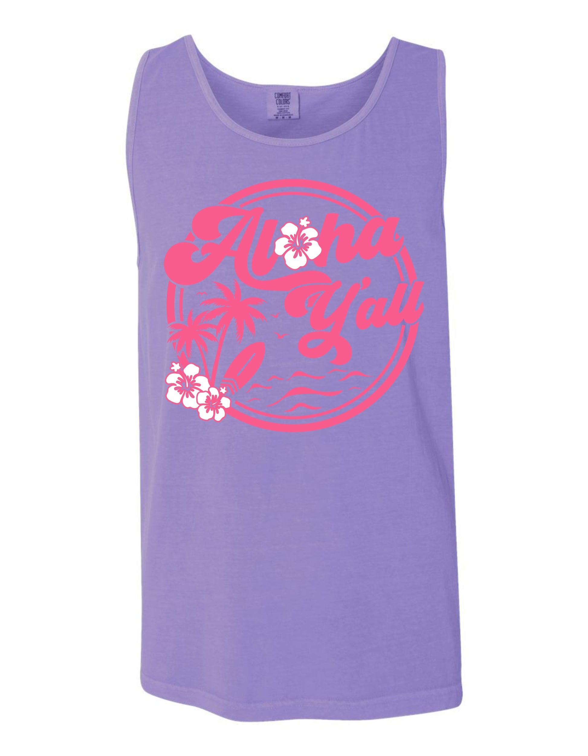 A purple tank top with a graphic design featuring the text "Aina" and floral elements.