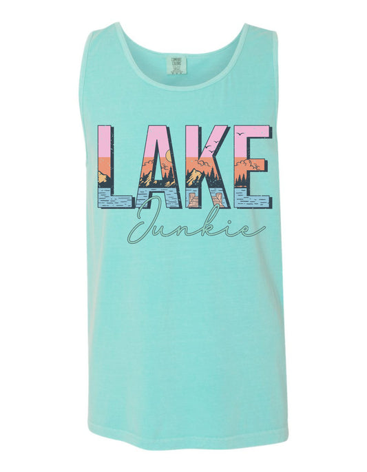 A turquoise tank top with the word "LAKES" and "JUNKIE" printed on it in a stylized font.