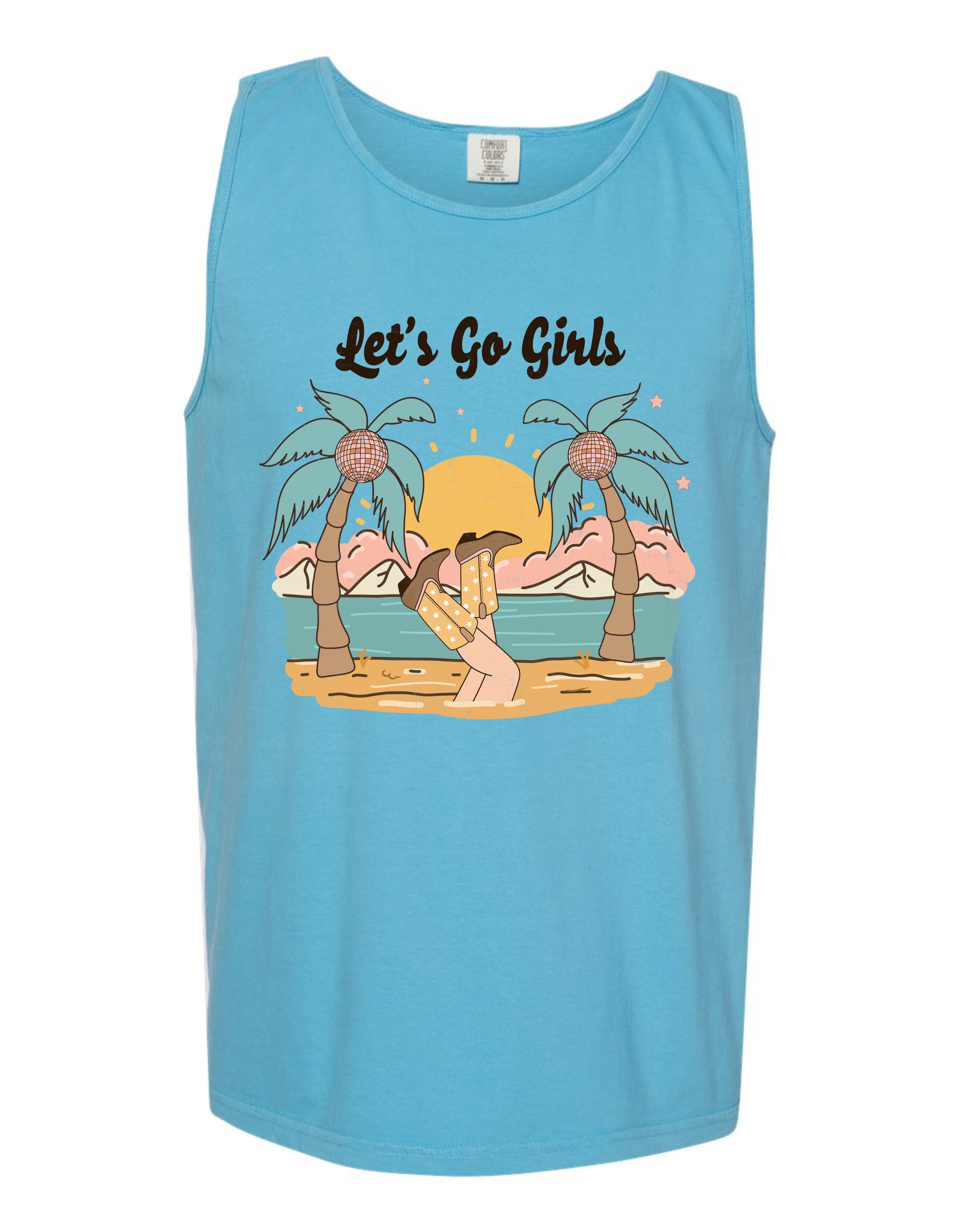 A blue tank top with a graphic design depicting a beach scene with palm trees, a sunset, and a person sitting on the sand.