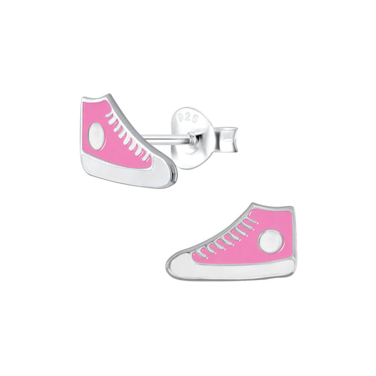 a pair of pink and white shoes earrings