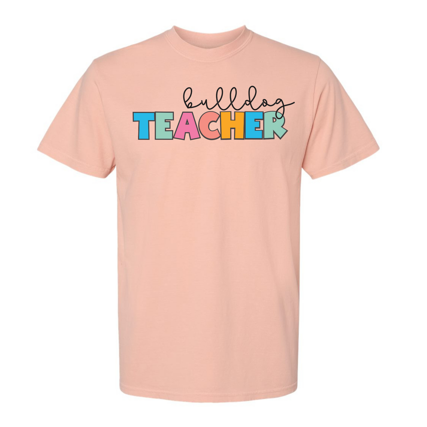 a peach t - shirt with the words teacher printed on it