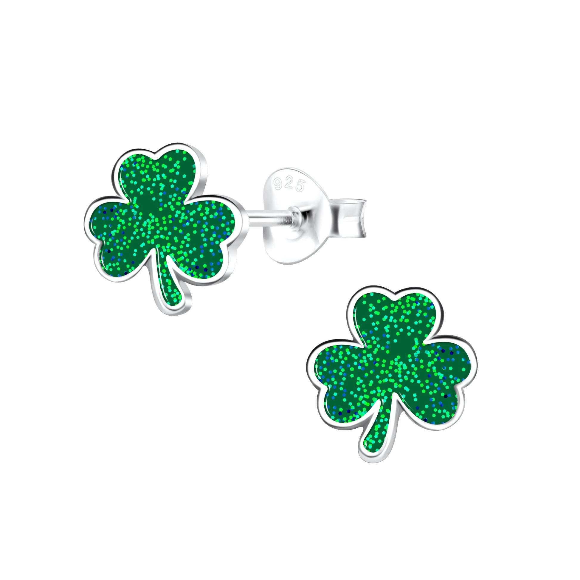 a pair of green shamrock earrings on a white background