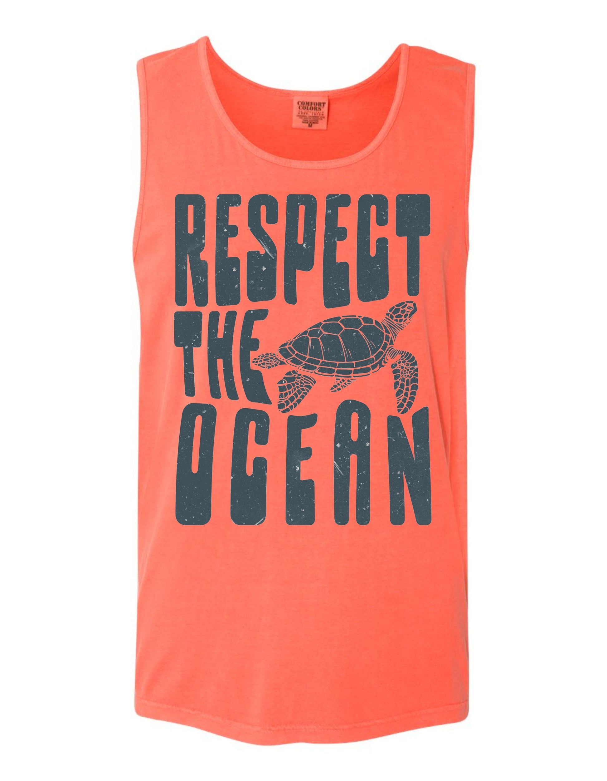 The image is a bright orange tank top with a graphic design featuring a turtle and the text "RESPECT THE OCEAN" printed on it.