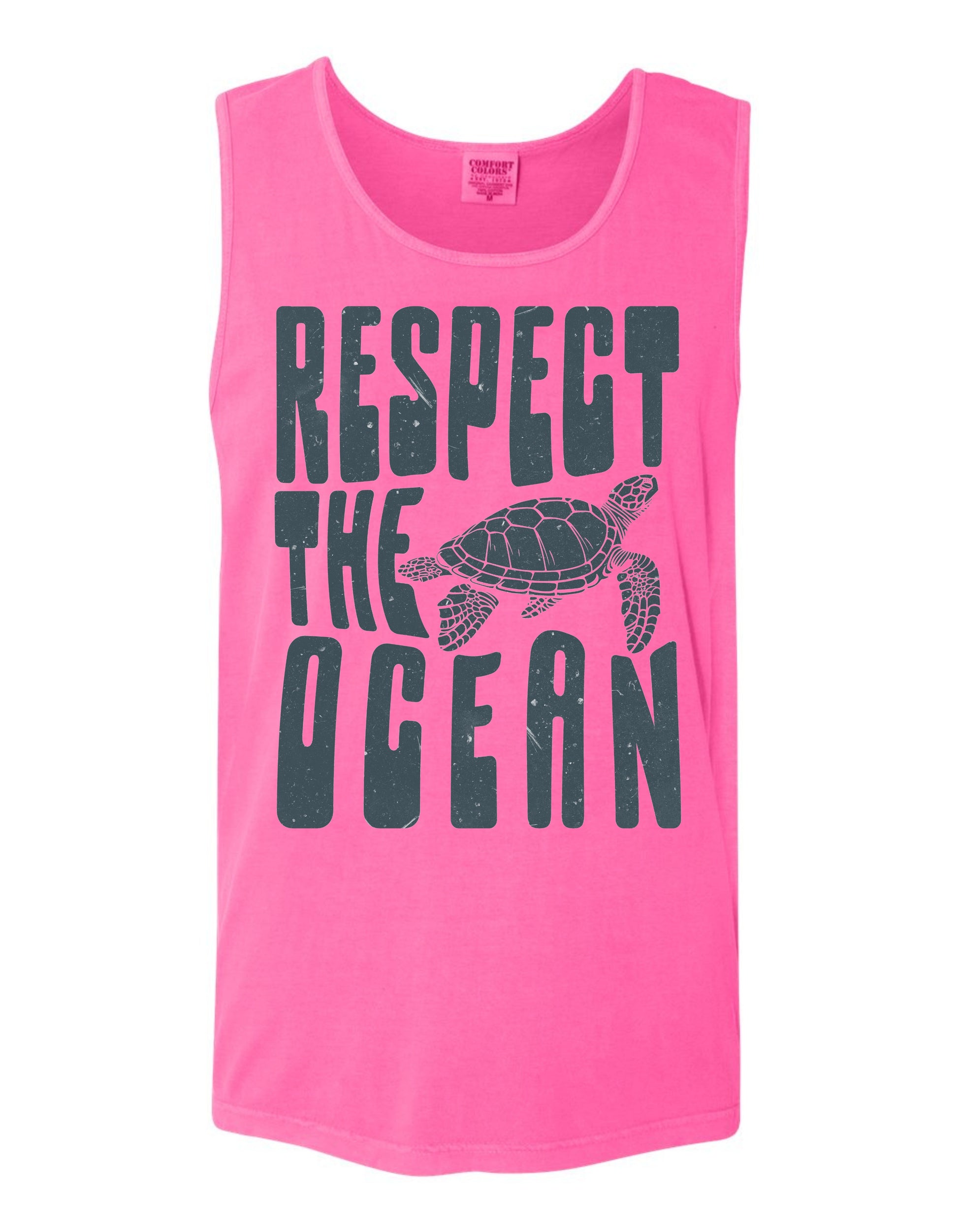 A pink tank top with the text "RESPECT THE OCEAN" printed on it, along with a graphic of a turtle.