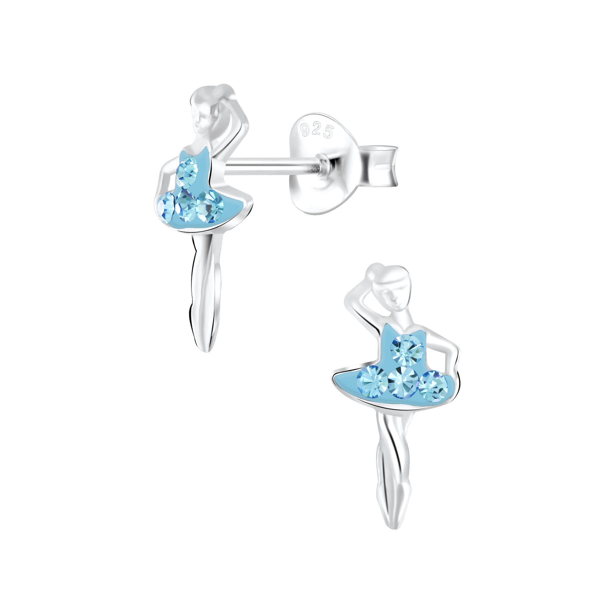 a pair of silver and blue crystal ballerina earrings