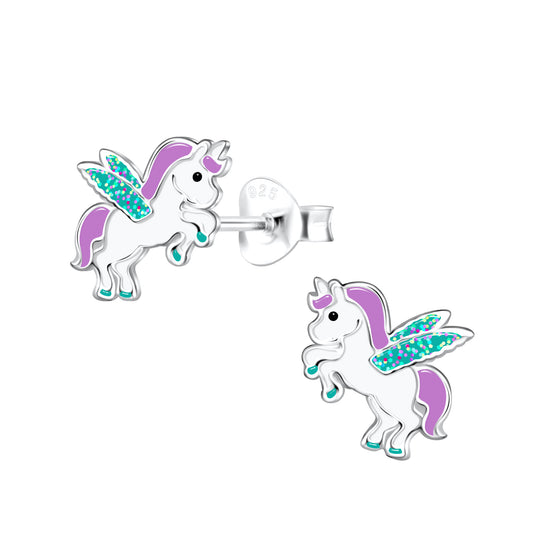 White Unicorn with Teal Wings Sterling Earrings