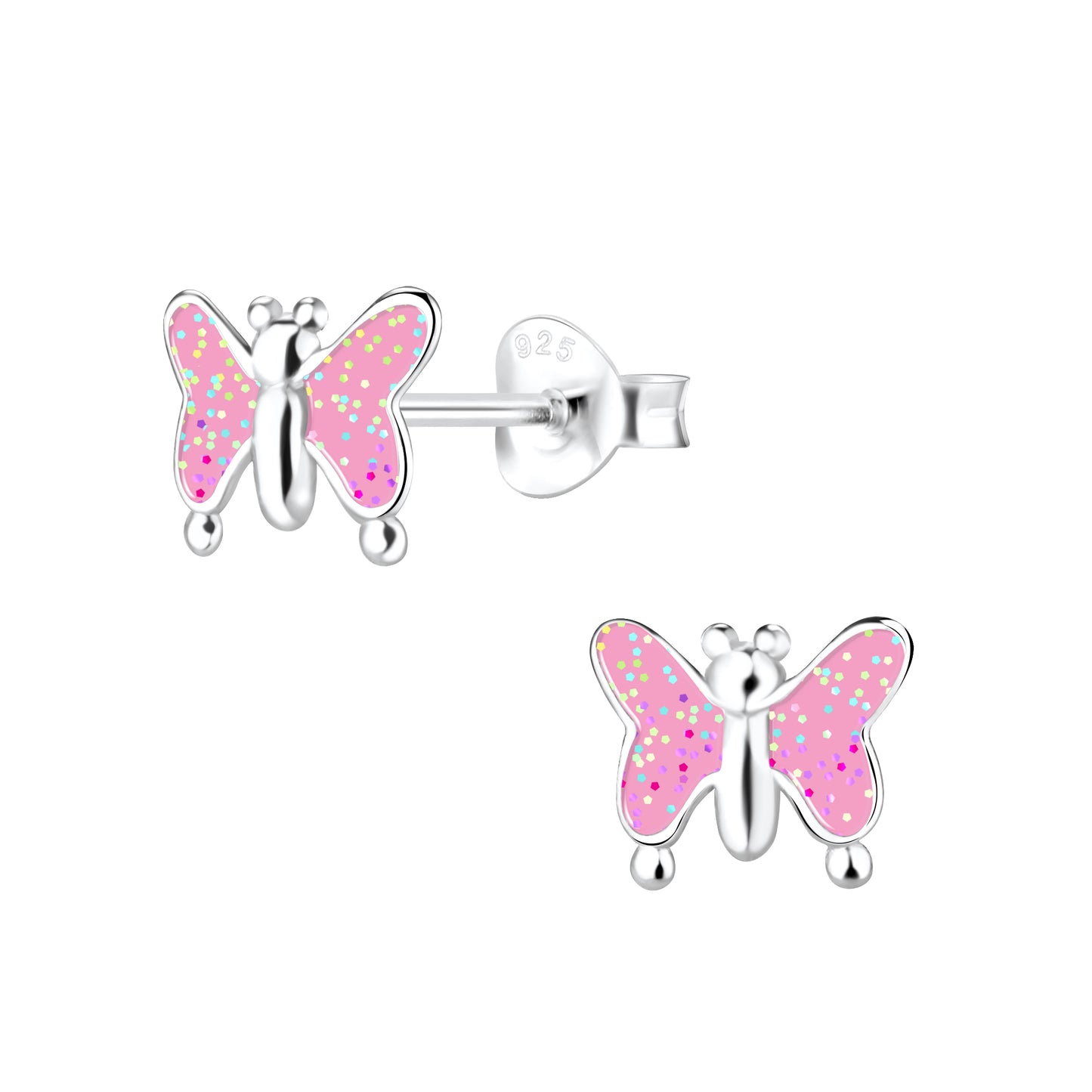 Pink Glitter Butterfly Sterling Silver Earrings