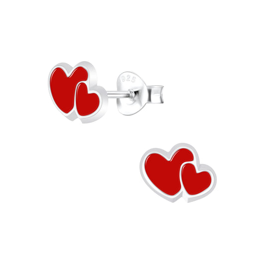 Double Red Sterling Silver Heart Stud Earrings