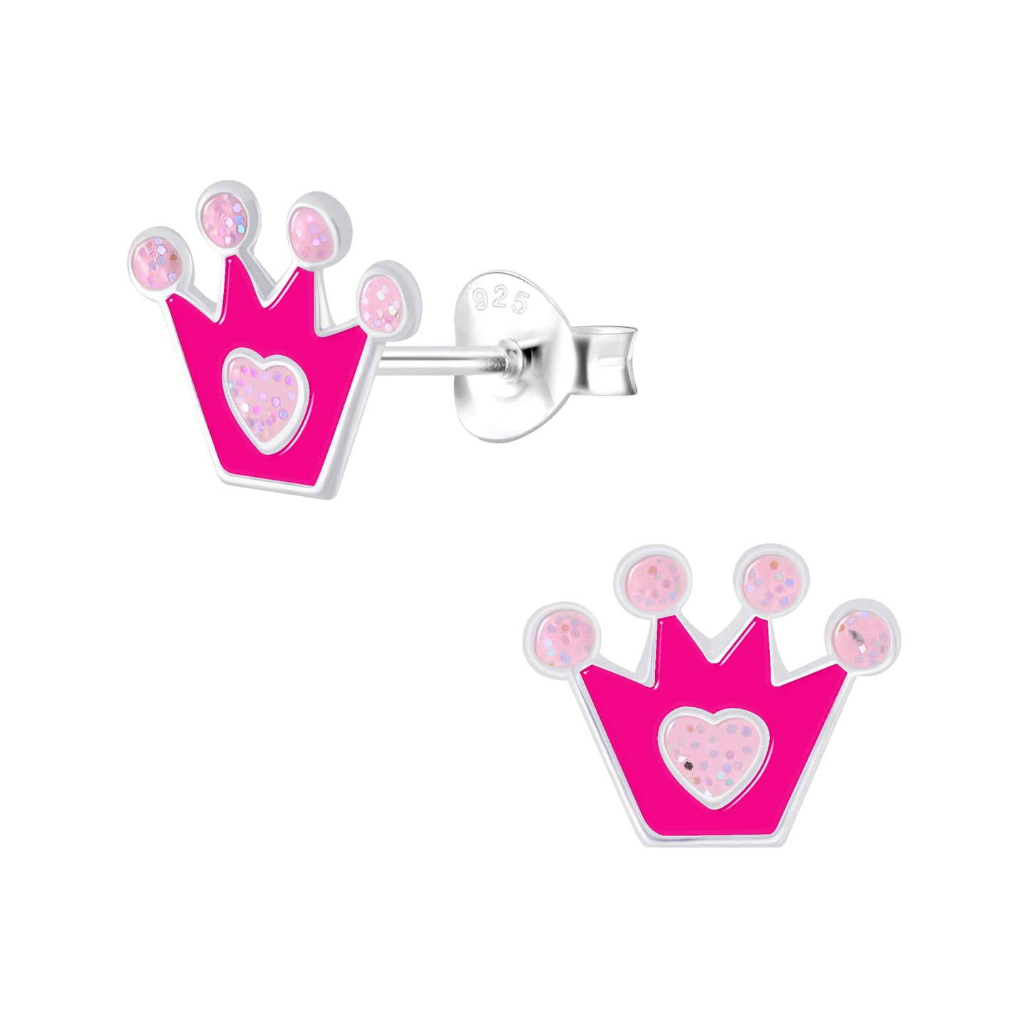 Dark Pink Crown with Heart Sterling Silver Heart Stud Earrings