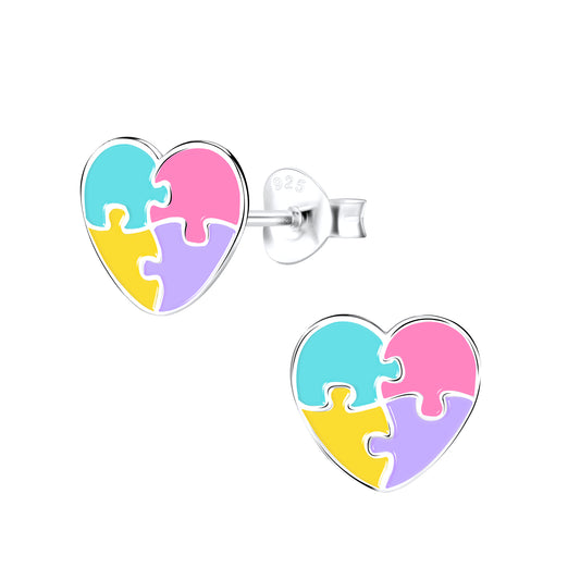 Puzzle Sterling Silver Heart Stud Earrings