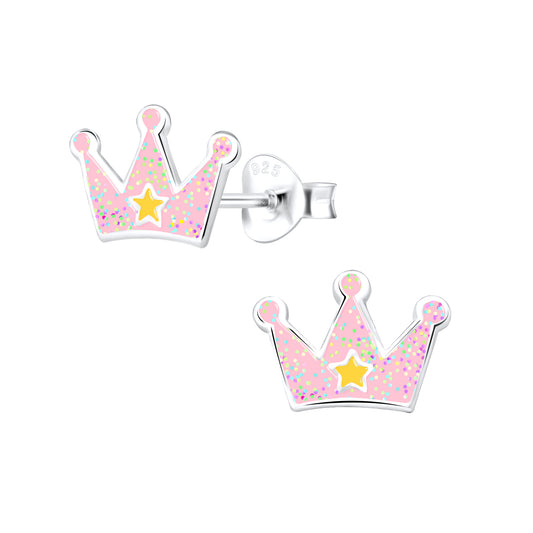 Pink Princess Crown Sterling Silver Earrings