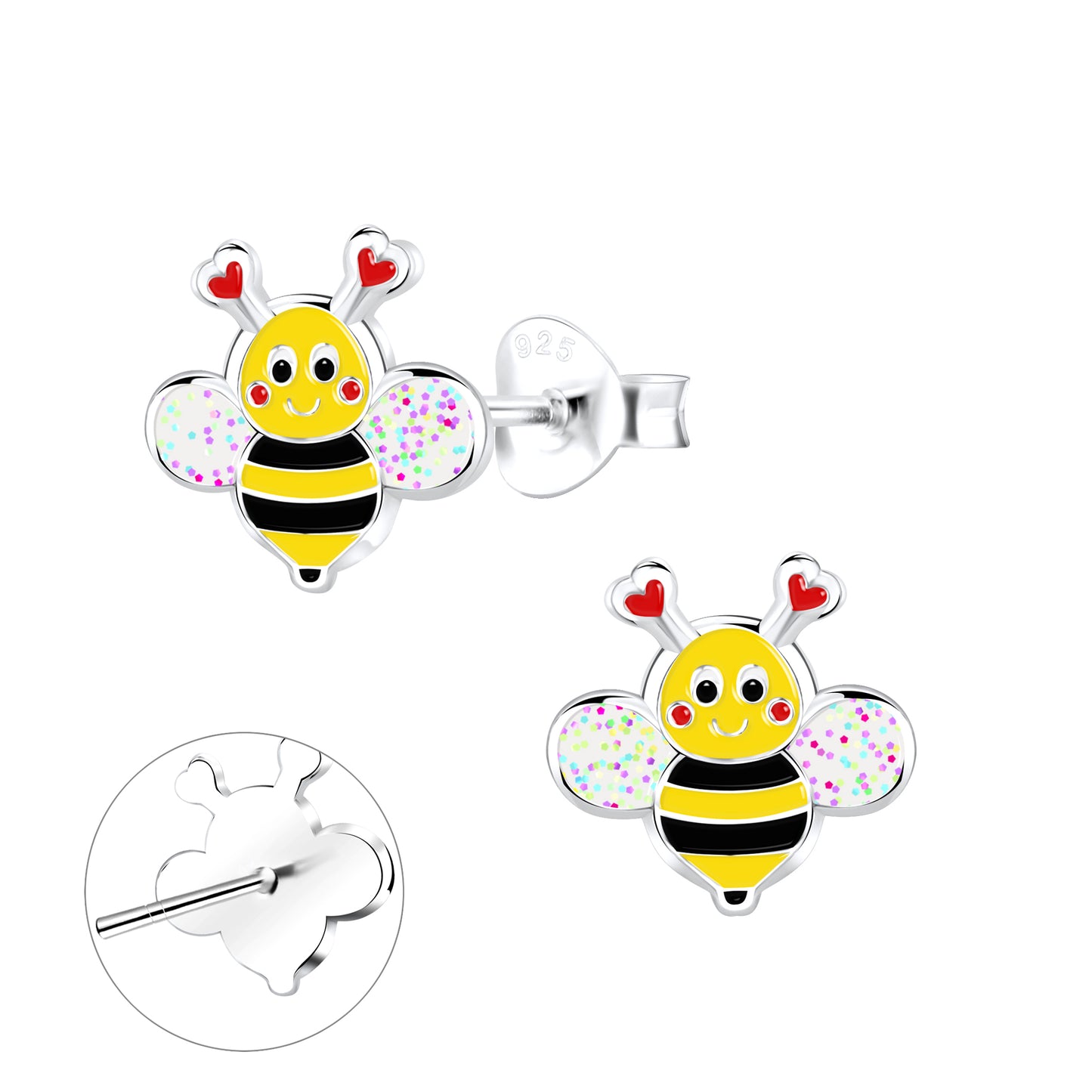 Bumble Bee With Heart Antenna Crystal Sterling Silver Stud Earrings