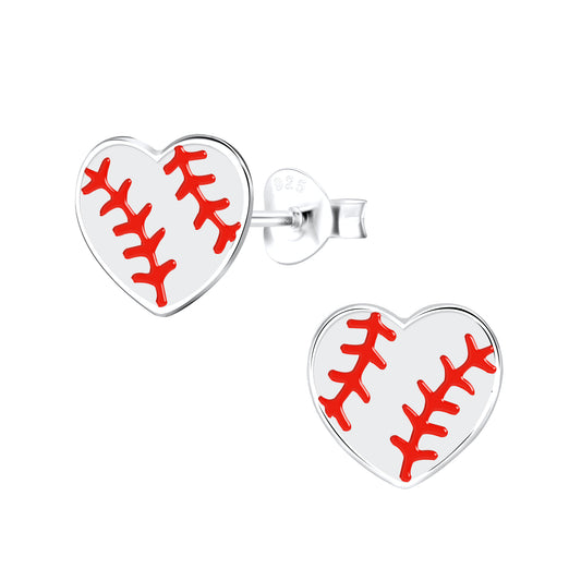 Baseball Heart sterling silver stud earring  (white)