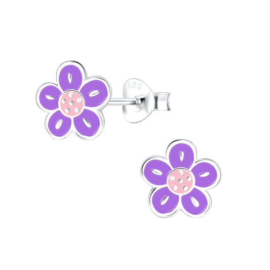 Round Petal Dark Purple Flower Sterling Earrings