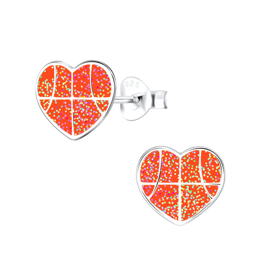 Glitter basketball heart sterling silver stud earrings