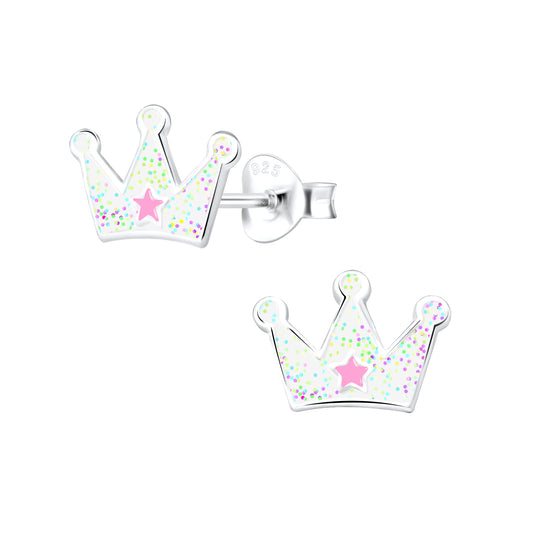 White Glitter Princess Crown Sterling Silver Earrings