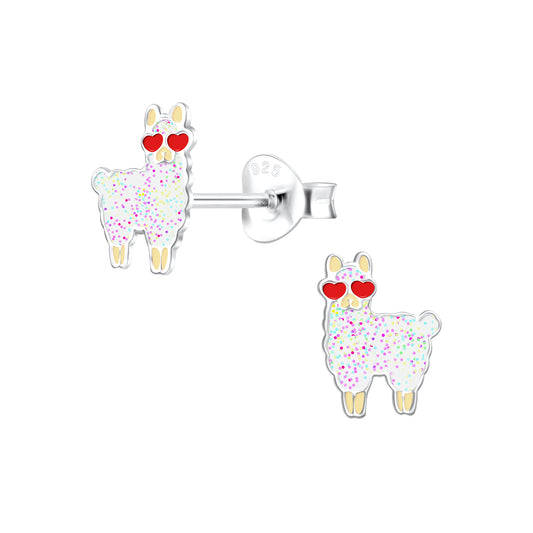 Lllama with Heart Eyes Sterling Silver Heart Stud Earrings