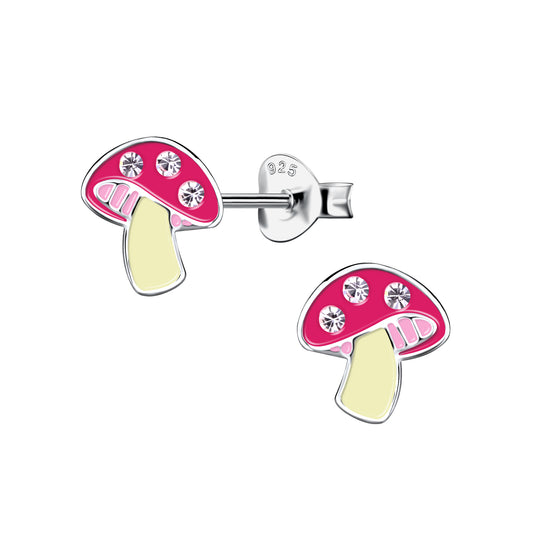 Pink Mushroom Glitter and Rhinestone Sterling Silver Earrings