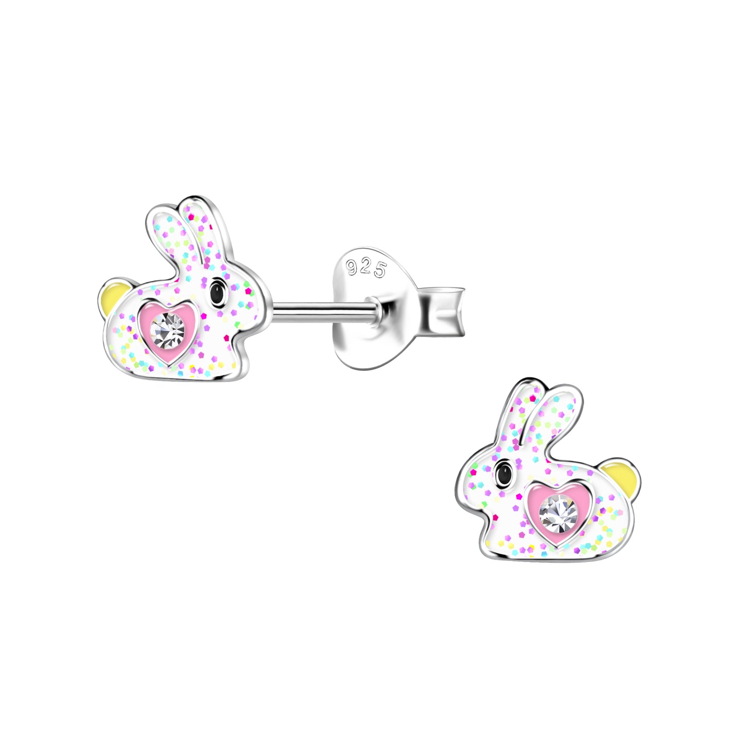 White Glitter Bunny with Pink Heart Valentine Sterling Silver Stud Earrings