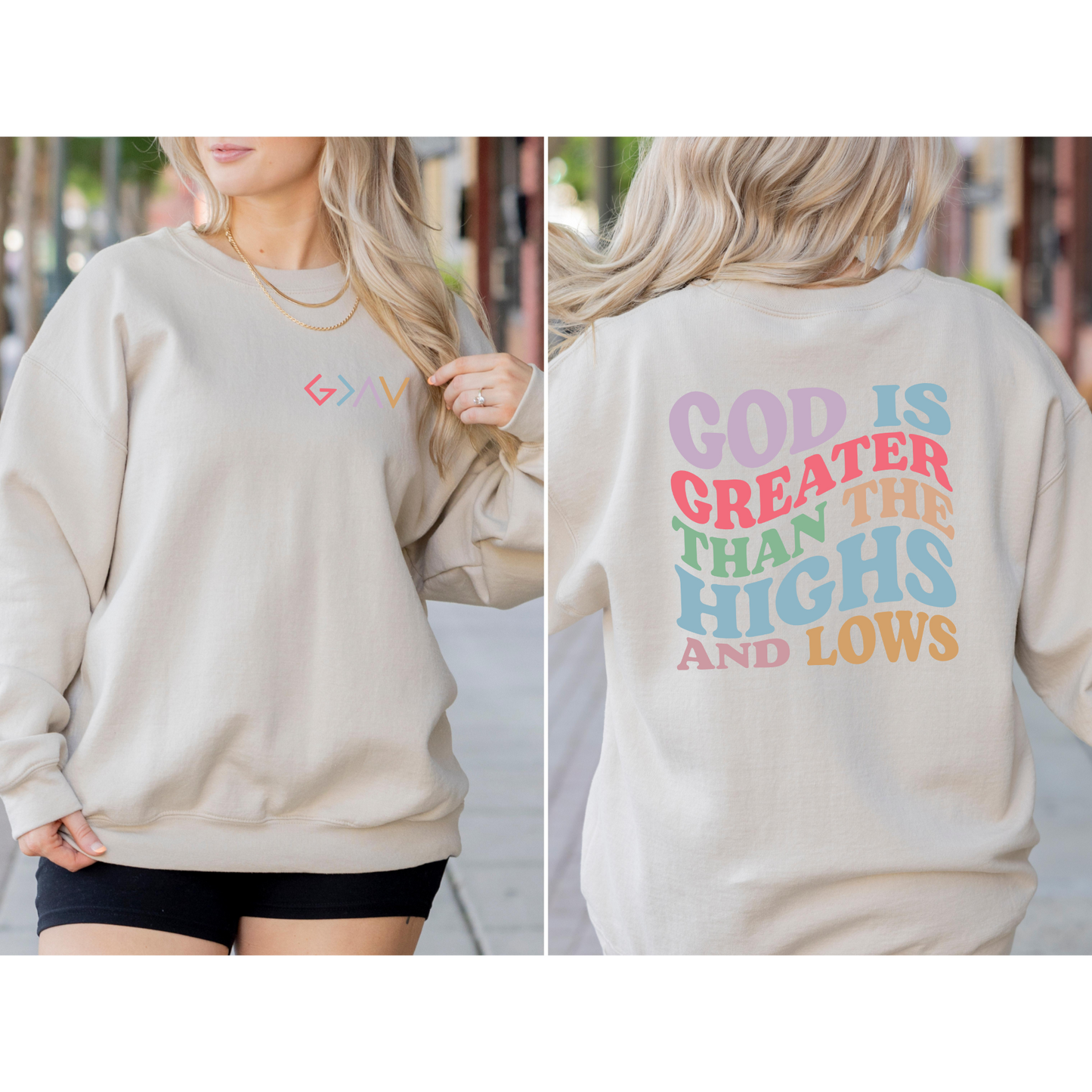 God is Greater Than the Highs and Lows Women's Sweatshirt (left chest)