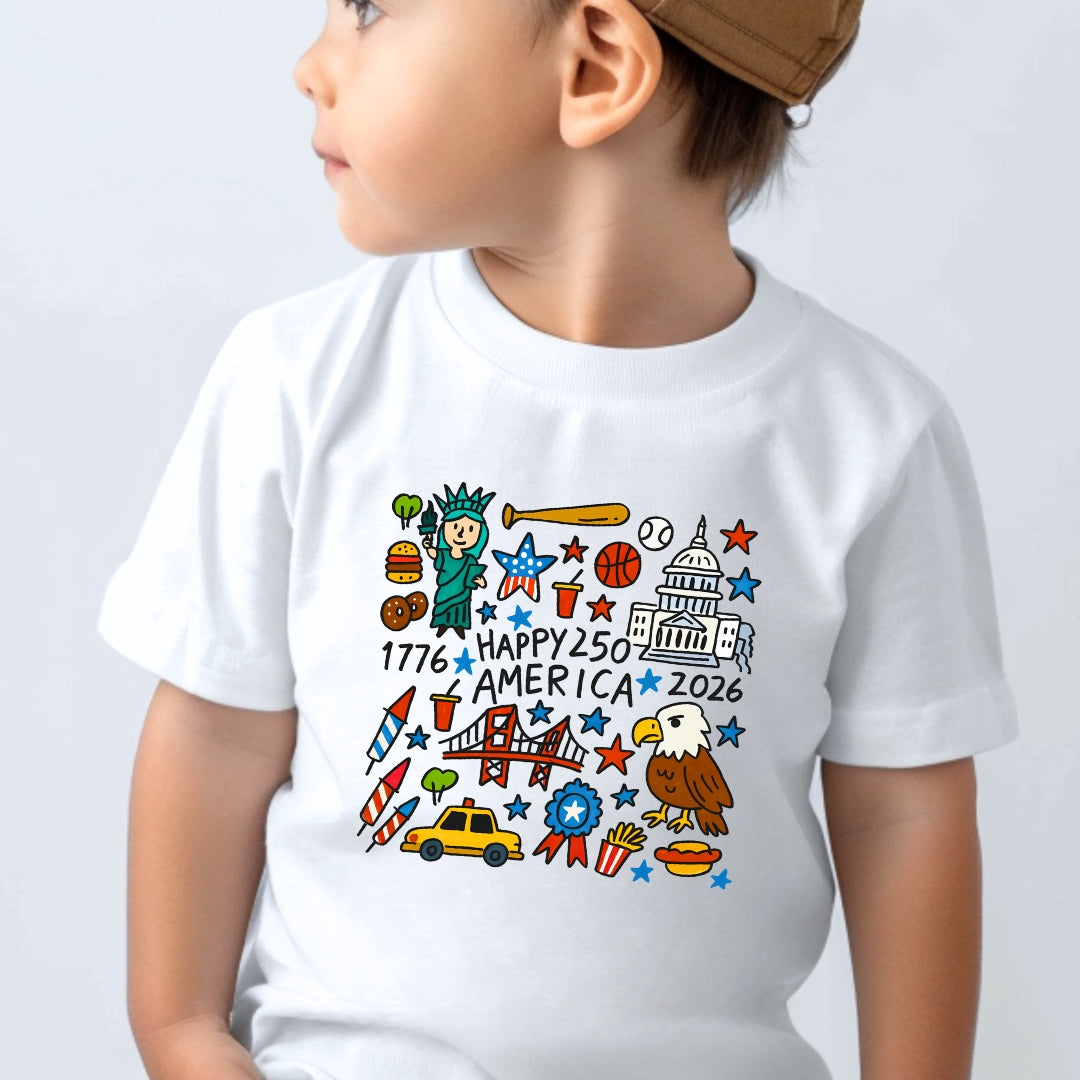 Happy 250 America Kids T-Shirt | Patriotic Doodle Toddler & Youth Tee