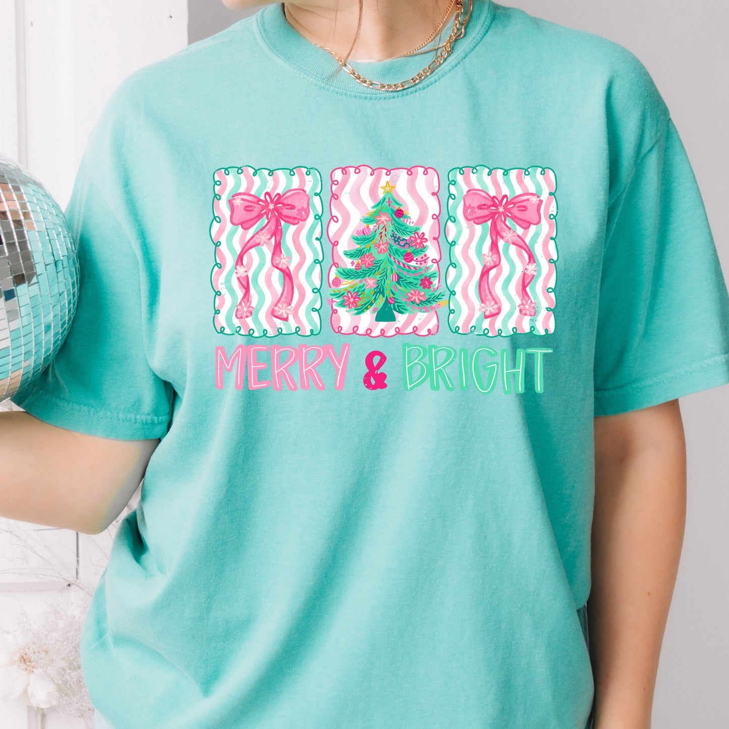Merry and Bright Striped Bow and Christmas tree tshirt