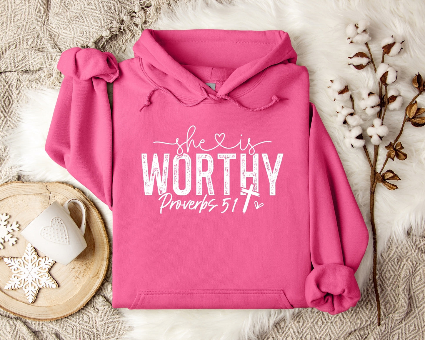 She is Worthy Religious Bible Verse Hooded Sweatshirt White Writing