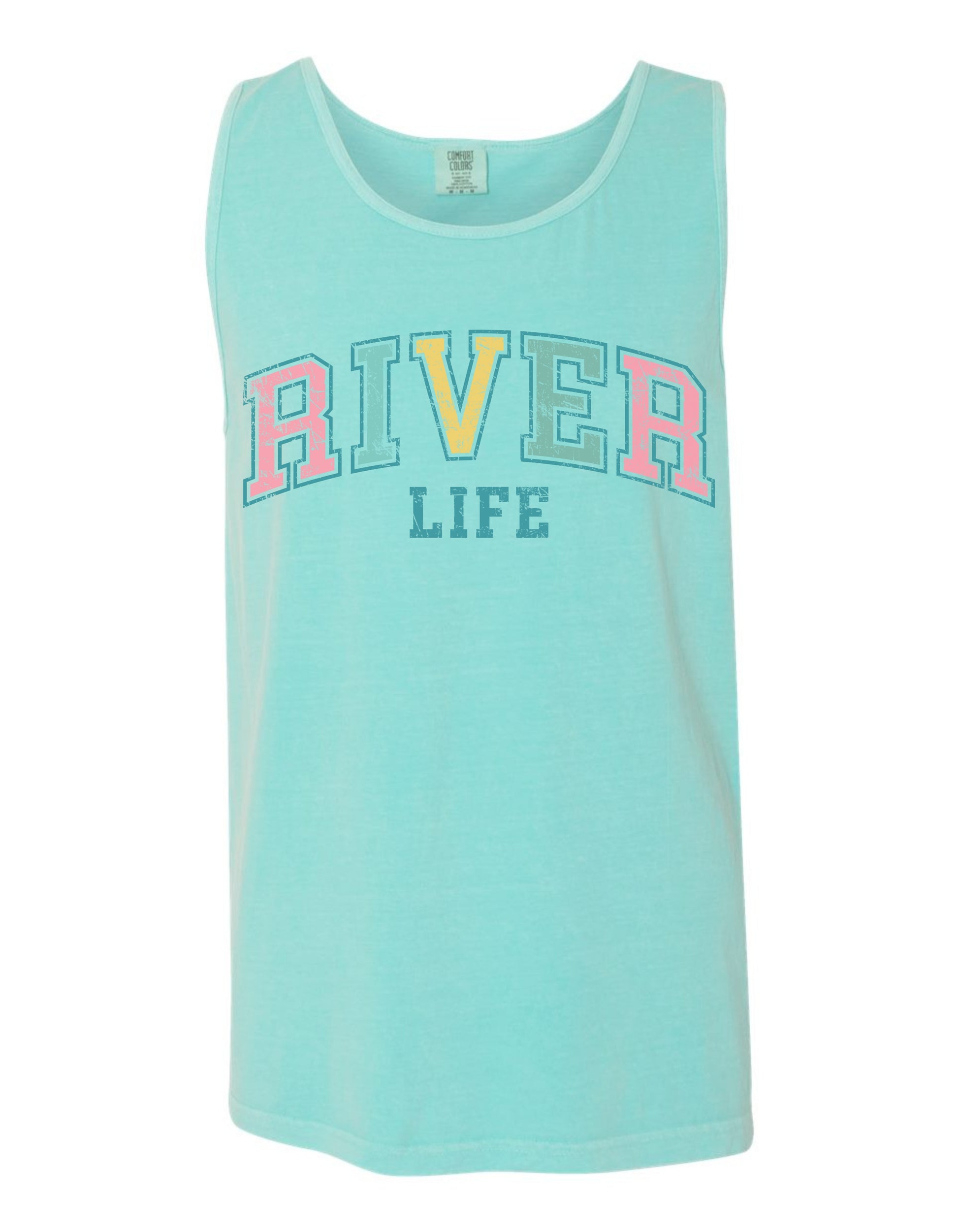A mint green tank top with the text "RIVER LIFE" printed on it in a colorful, cursive font.