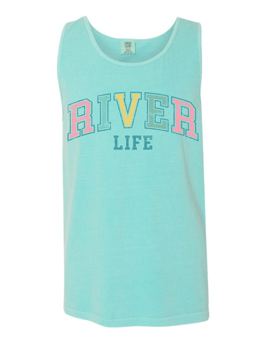 A mint green tank top with the text "RIVER LIFE" printed on it in a colorful, cursive font.