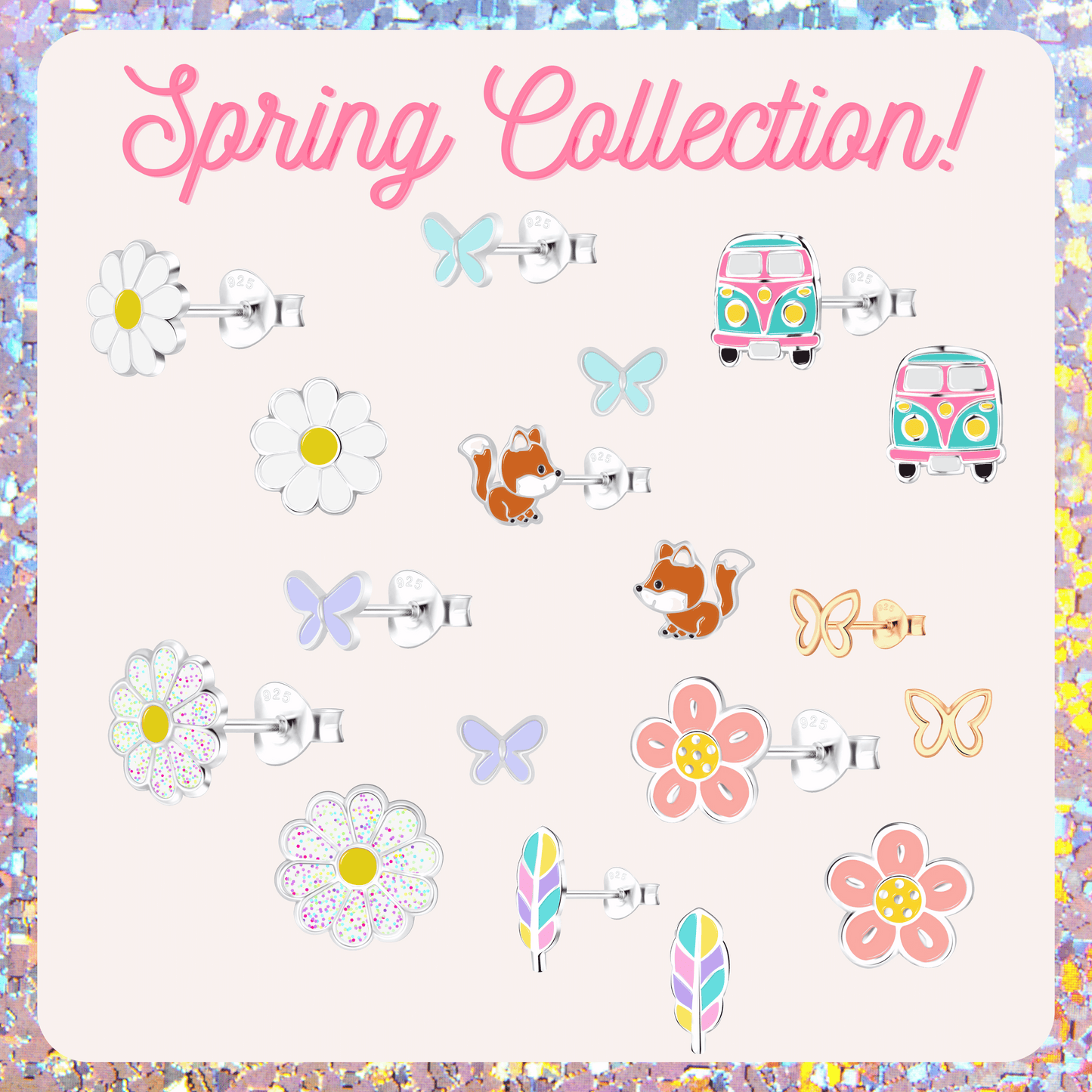 The image is a collection of various earrings, including flowers, butterflies, and a van, all set against a pink background.