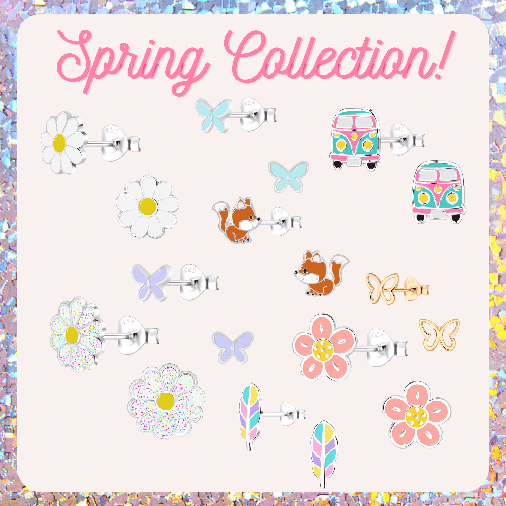 The image is a collection of various earrings, including flowers, butterflies, and a van, all set against a pink background.